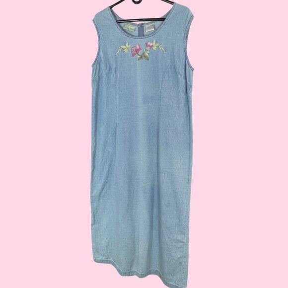 Denim Embroidered Maxi Dress Lightweight Vintage - Picture 3 of 7